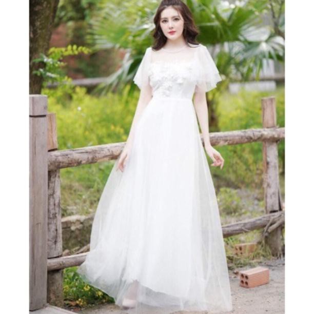 Đầm maxi dự tiệc mặc cưới tay loa sang trọng kết hoa nổi -size M/L (có ảnh/video thật) MS34V