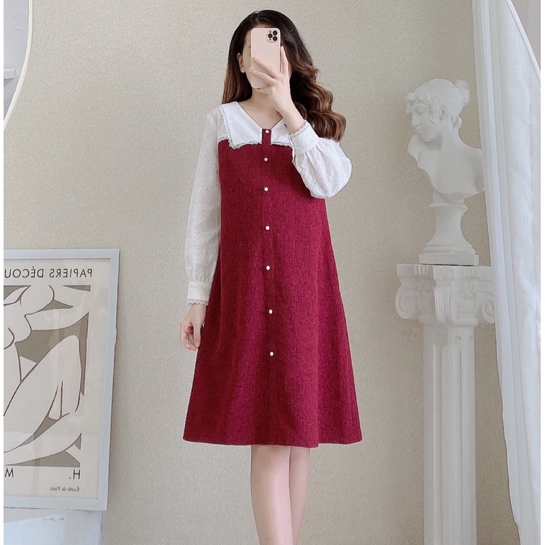 MEDYLA - Đầm bầu dự tiệc thu đông xinh 2 lớp tweed mỏng phối trắng cho bầu đi chơi du lịch - VS887