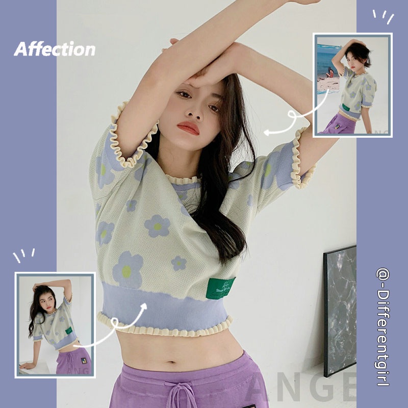 Áo croptop dệt kim ngắn tay dáng rộng in hoa thời trang Hàn Quốc cho nữ