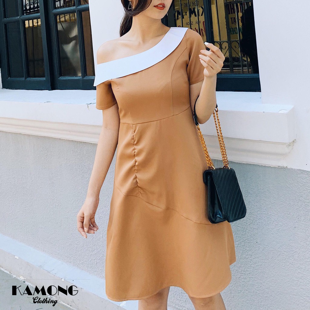 Đầm lệch vai cổ trắng KAMONG D032