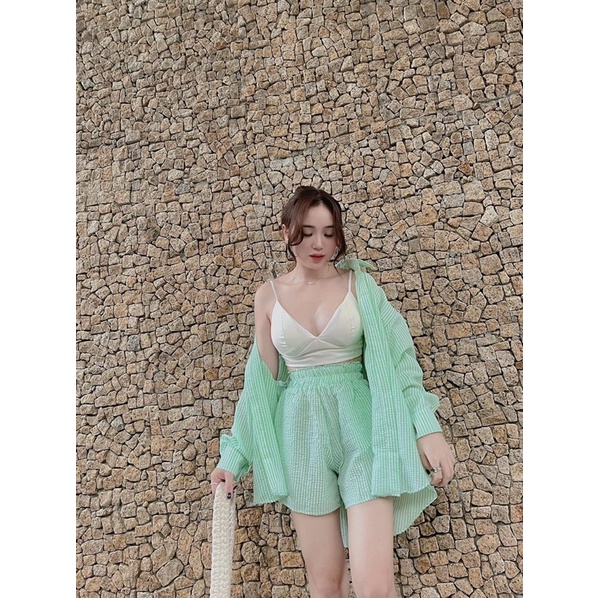 Set bộ áo sơmi phối quần đùi kèm áo bra cho mùa hè cực hot
