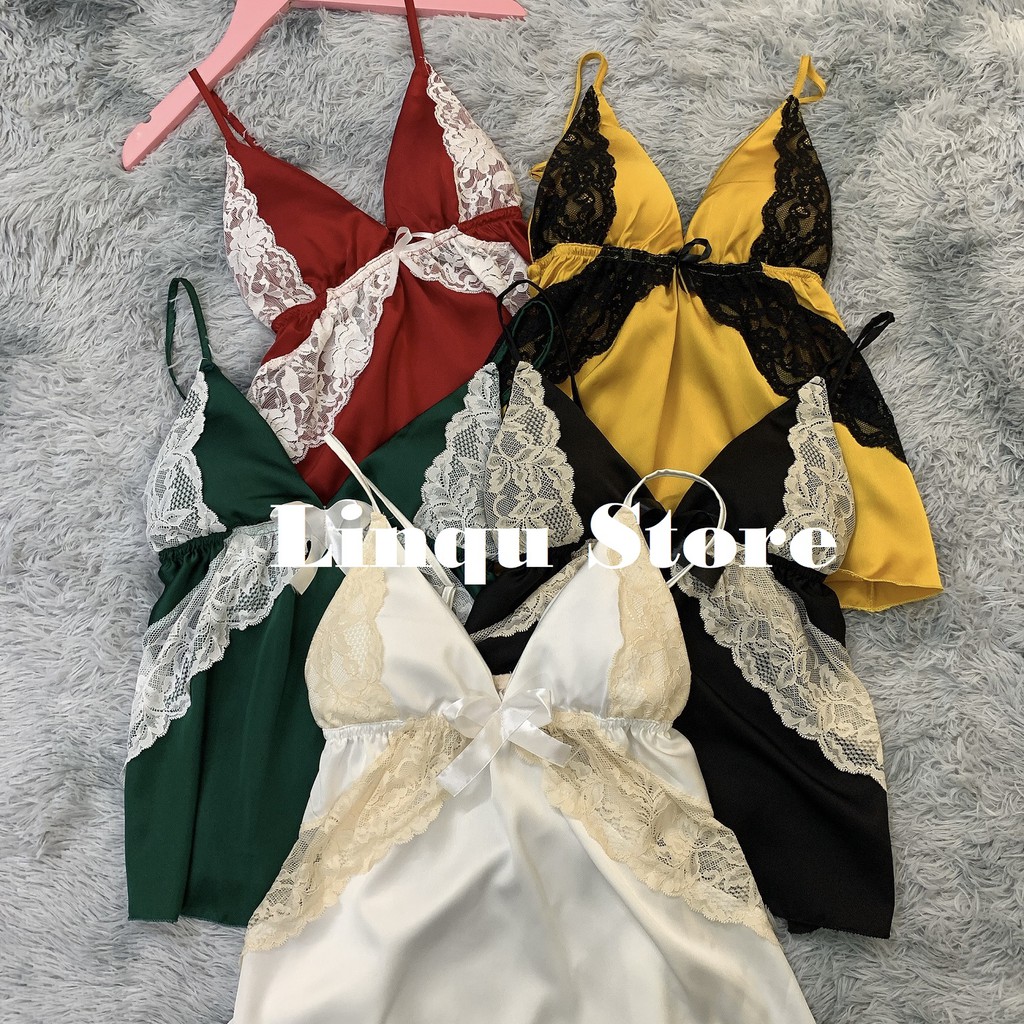 Đồ ngủ nữ  FREESHIP️️  Đồ ngủ nữ sexy lụa satin phối ren mềm mịn Freesize dưới 60kg - Linqu Sleepwear