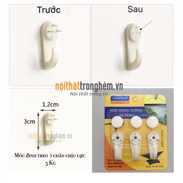 (3c/1 vỉ) Vỉ móc treo tường bê tông ,tường gạch siêu chắc [chịu tải từ 3-5kg]