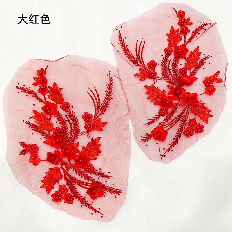 1 Cặp Miếng Vải Ren Thêu Hoa 3D Đính Hạt Cườm Trang Trí Áo Đầm