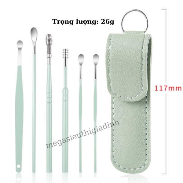 Bộ Dụng Cụ Lấy Ráy Tai 6 Món Inox Cao Cấp. Set Ngoáy Tai Đựng Bao Da, Móc Khóa Ngỏ Gọn