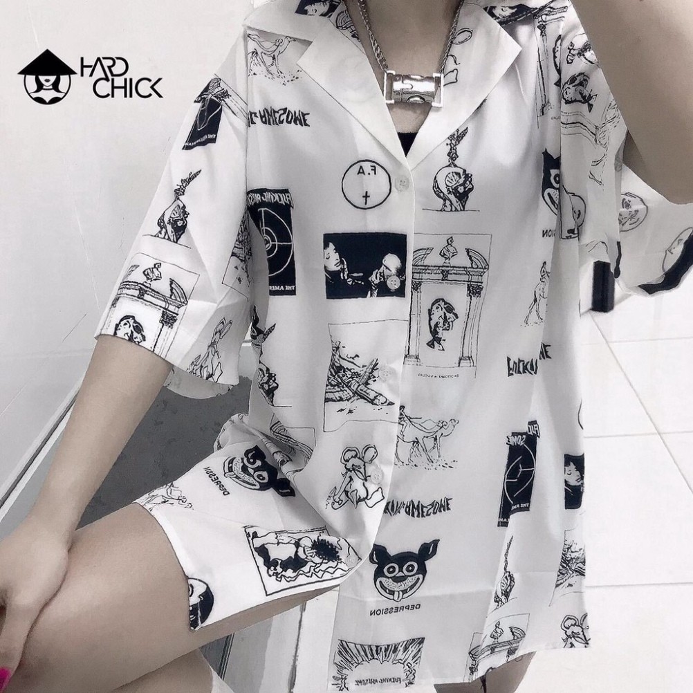 Áo sơ mi nam nữ cổ bẻ tay lỡ in họa tiết HARD CHICK dáng suông ulzzang/ Áo sơ mi cộc tay phom rộng thời trang unisex