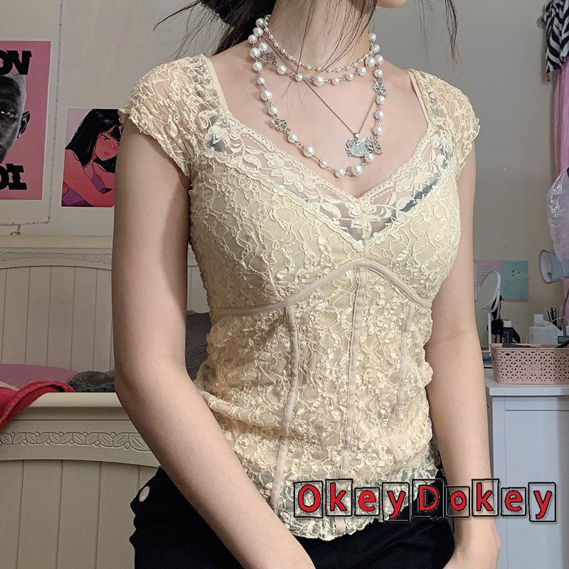 y2k Áo thun tay ngắn cổ chữ V màu trơn phối ren thời trang cho nữ