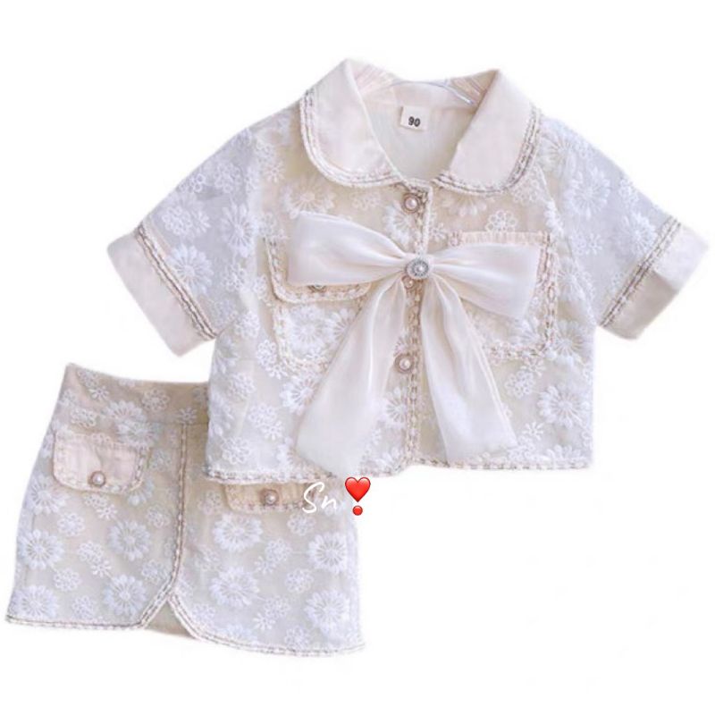 Set  ren nơ ngực cổ sen màu kem xinh xắn bé gái