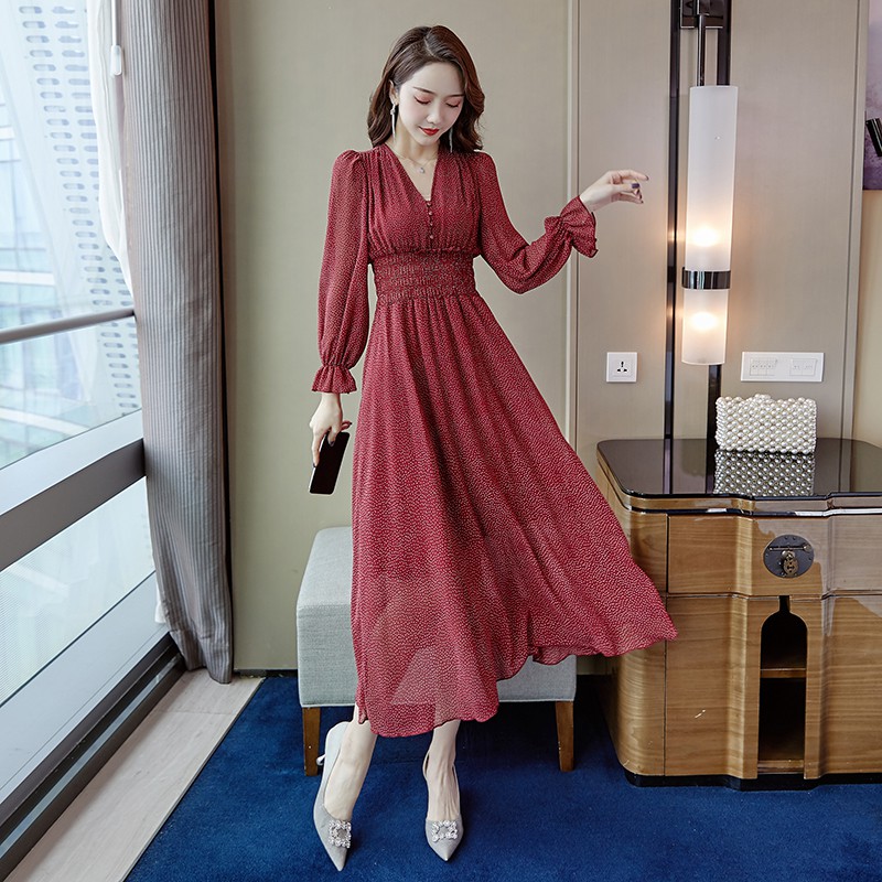 (Sẵn trắng) M79 - Đầm maxi Ulzzang chấm bi chun eo cài nút ngực dài tay dáng xòe vintage (3 màu)