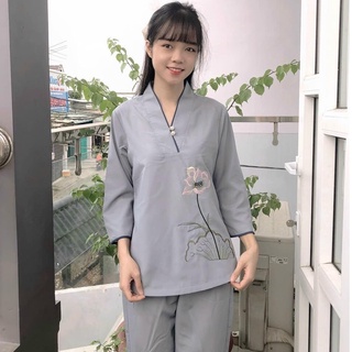 Đồ lam đi chùa nữ # nút ngọc vải kate thêu sen tinh tế