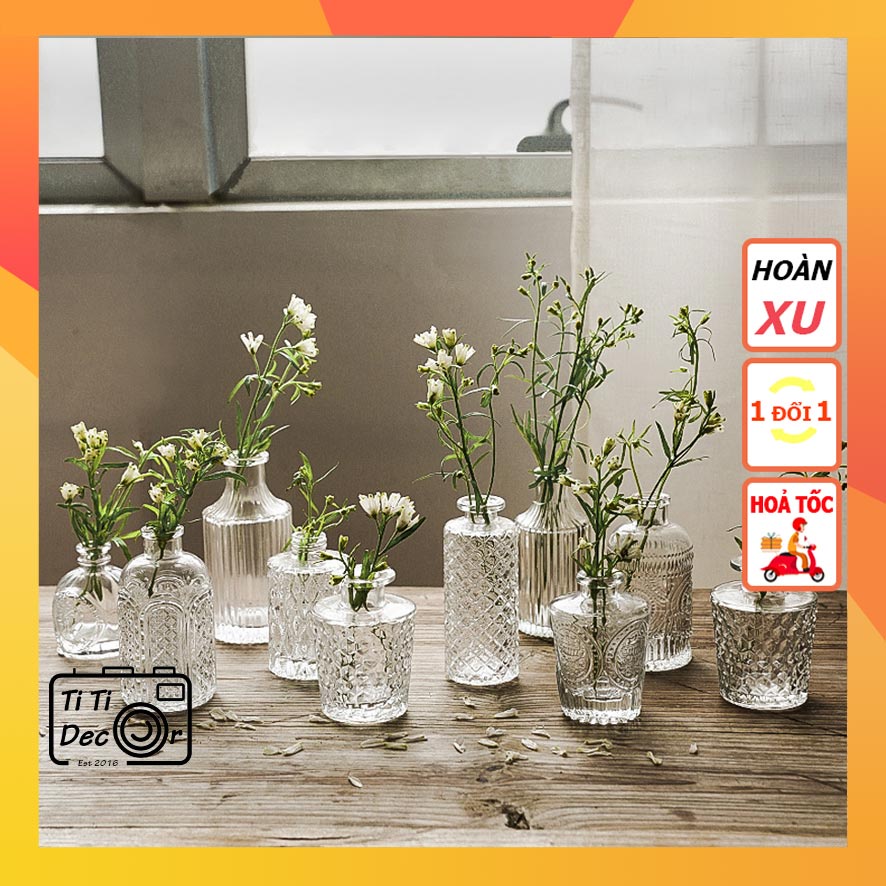 Bình Hoa Pha Lê TiTi Decor, Lọ Hoa Thủy Tinh Phong Cách Vintage, Bình Decor Bắc Âu