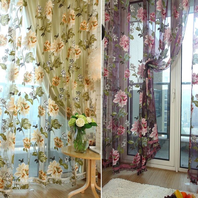 Rèm cửa vải voan xuyên thấu họa tiết hoa lá nghệ thuật kích thước 1x2m