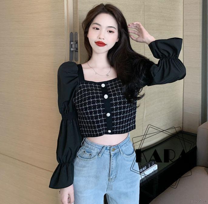 Áo kiểu dài tay cổ vuông thời trang Hàn Quốc cho nữ
