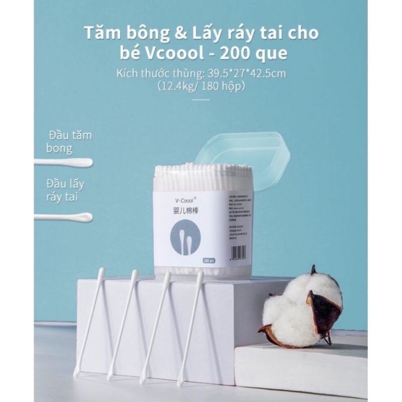 Tăm bông Vcool Hộp 200 chiếc làm sạch mũi , tai cho bé