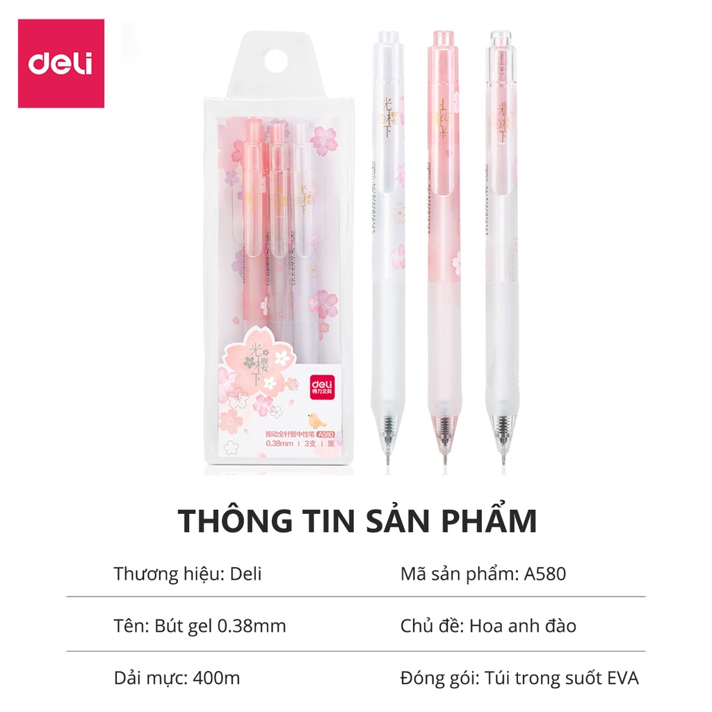 Bộ 3 bút bi nước mực gel đen 0.38mm Deli họa tiết hoa dễ thương mực đều viết trơn tru nhanh khô có đệm tay cao su A580