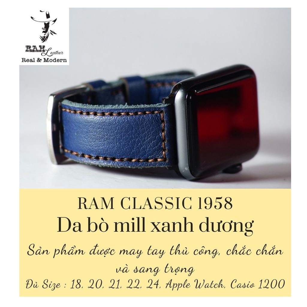 Dây apple watch da bò mill xanh navy RAM Leather classic 1958 handmade bền chắc cực đẹp - Tặng khóa chốt và adapter