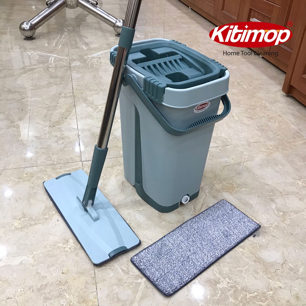 Bộ lau nhà Kitimop-S1 có thùng lau 2 ngăn tự vắt, cây lau nhà 360 độ lau sạch khô nhanh, bảo hành 12 tháng, 2 miếng lau