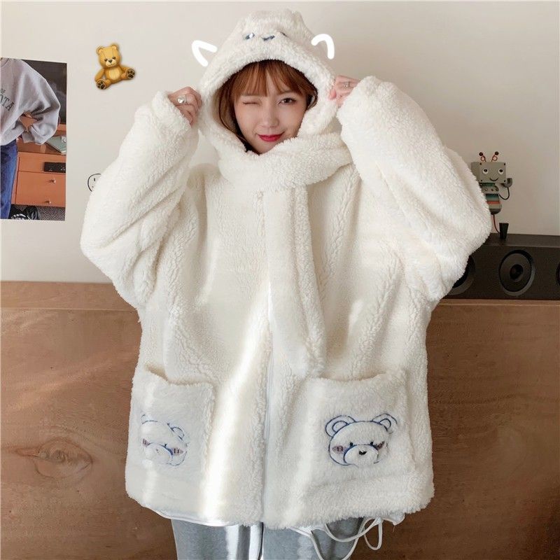 Áo khoác lông cừu JK kèm khăn choàng cổ Mei Jiao Yuen 100% ảnh thật