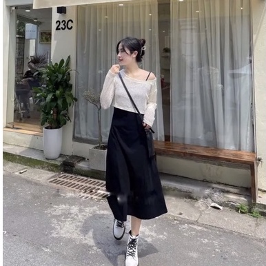 Set đầm midi 2 dây + cardigan lưới tay dài chất xịn, tiểu thư dành cho nữ