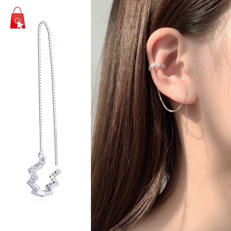 Bông tai dạng kẹp dây tua dài đính đá kim cương thời trang Hàn Quốc cho nữ JP1