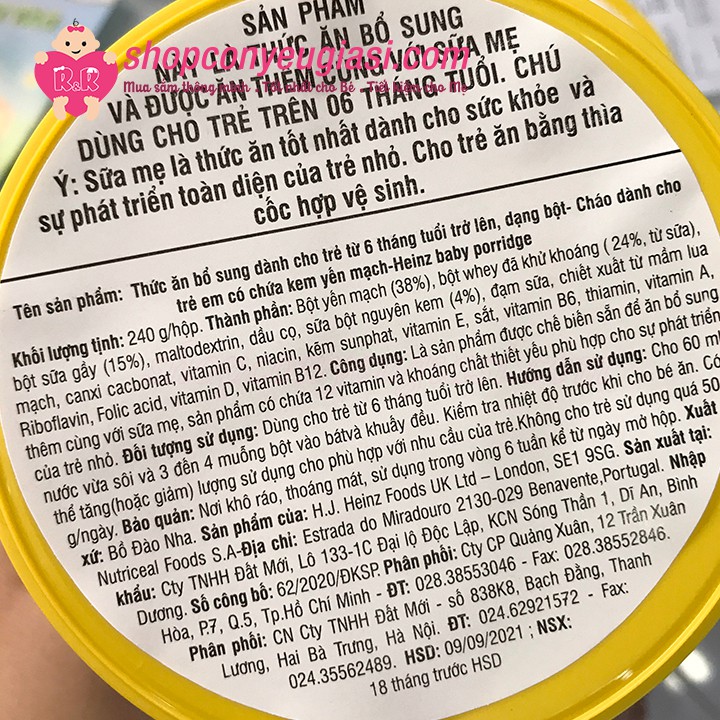 Cháo Ăn Dặm Heinz Cho Bé Trên 6 Tháng Tuổi 240g - Date 2021