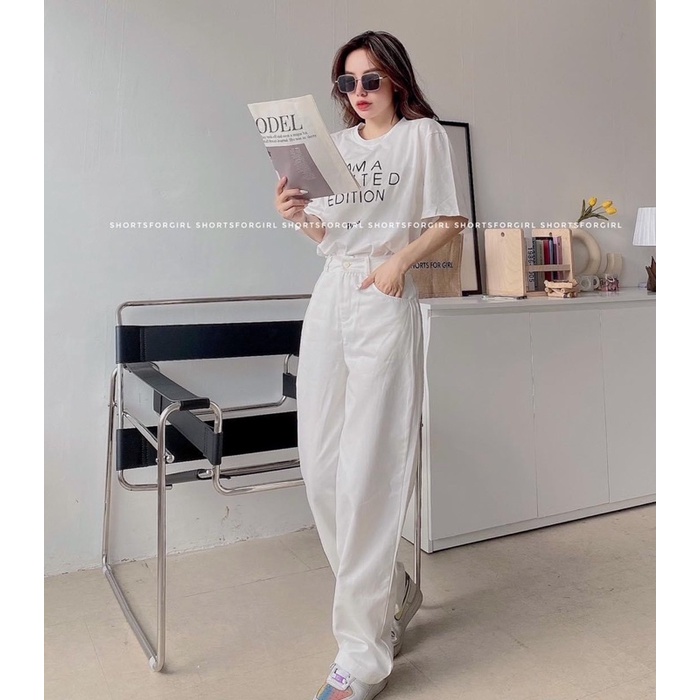 Quần jean nữ ống rộng lưng cao màu trắng trơn chất KAKI Hot trend H.N.M STORE