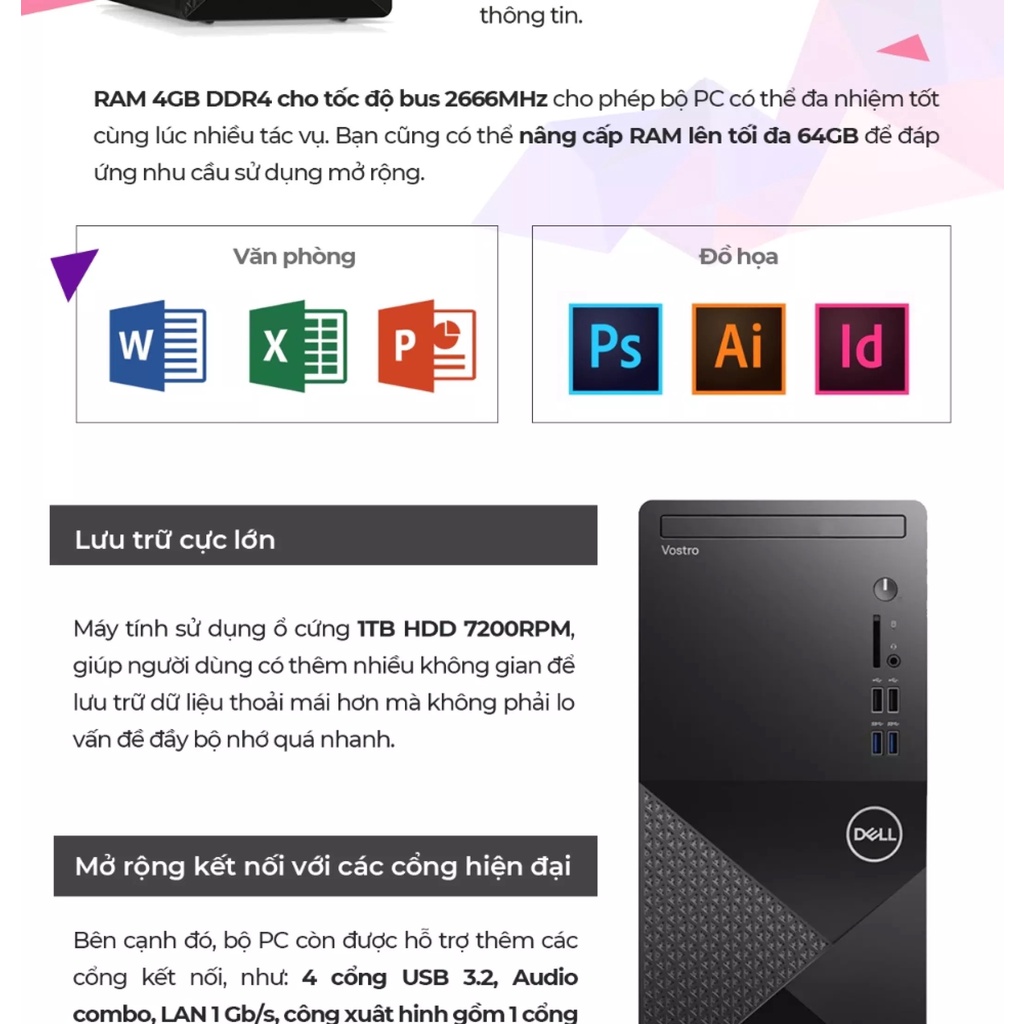Máy tính để bàn Dell Vostro 3888 (Intel / i3-10100 / 4GB RAM / 1TB HDD / McAfeeMDS / Win 10 Home SL) l Black l 70226499 | BigBuy360 - bigbuy360.vn