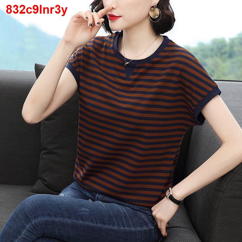 Đầm[ 100% cotton] áo thun ngắn tay phụ nữ mùa hè năm 2021 sọc mới mẹ trung niên rời hàng đầu