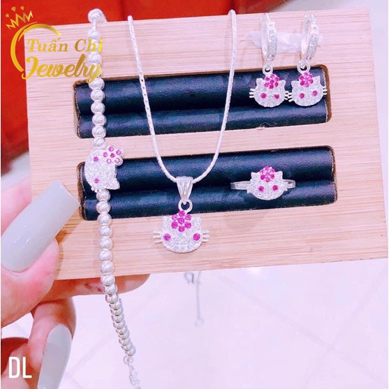 Set Bộ Bạc Mèo Hello Kitty SIÊU KHUYẾN MÃI Bộ Trang Sức Cho Bé Hình Mèo Kitty Dễ Thương, Đính Đá Xinh Dành Cho Bé gái