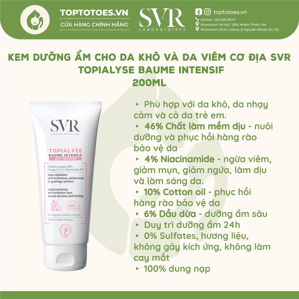 Kem dưỡng ẩm cho da khô và da viêm cơ địa SVR Topialyse Baume Intensif 200ml