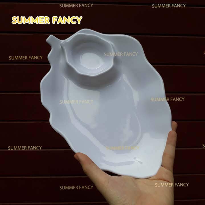 Dĩa đựng trái cây lá có chén tương 25 x 17 cm cao cấp đĩa phíp đen nâu - Leaf dish F-DTC06