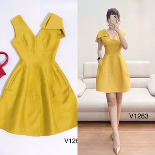 Váy xòe nơ vai vàng V1263 - DVC thời trang thiết kế cao cấp (Kèm ảnh thật trải sàn do shop tự chụp)