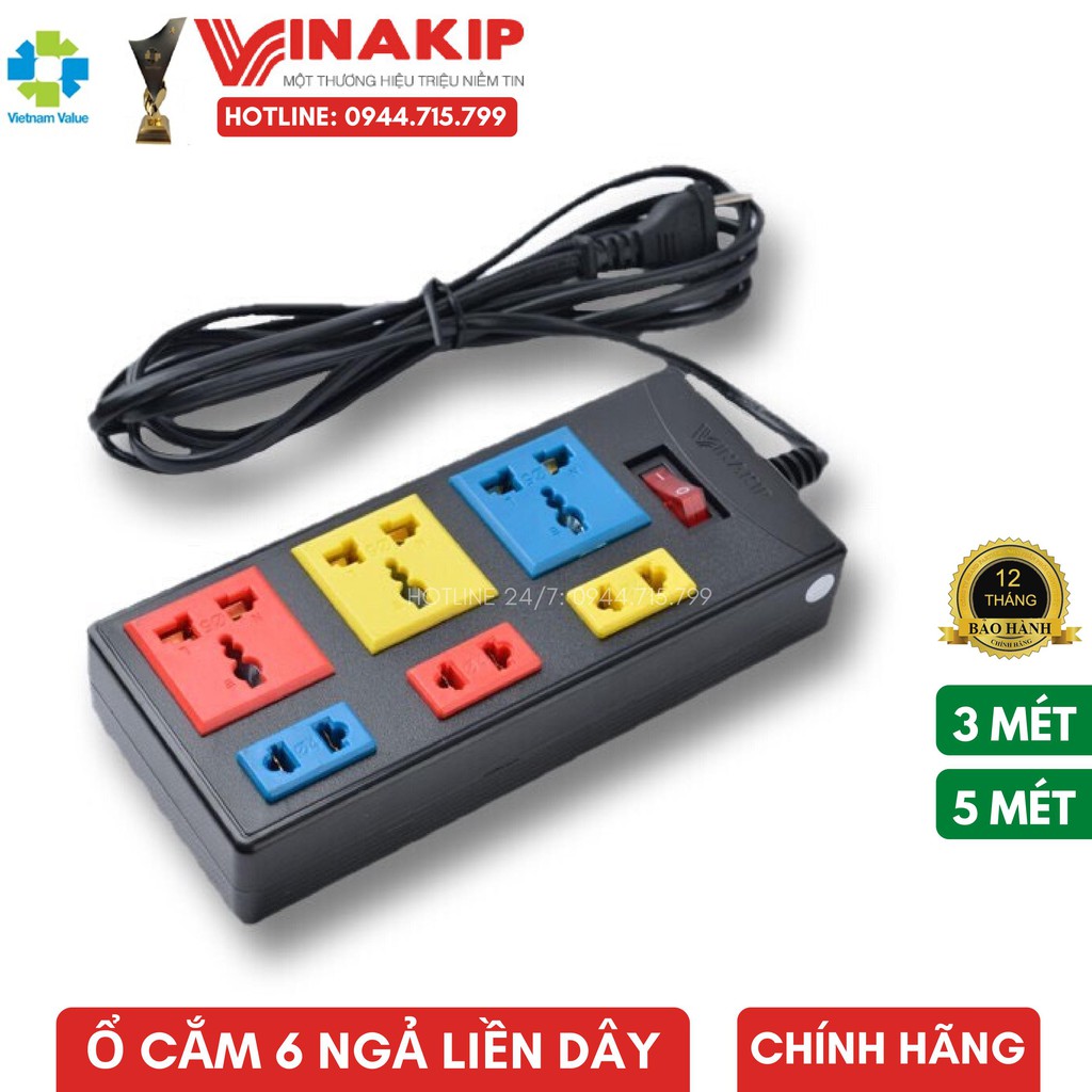 Ổ Cắm Tích Hợp 6 Ngả Liền Dây N33/K2 VINAKIP 3Mét, 5Mét, An Toàn Chịu Nhiệt Cao - Chính hãng Vinakip