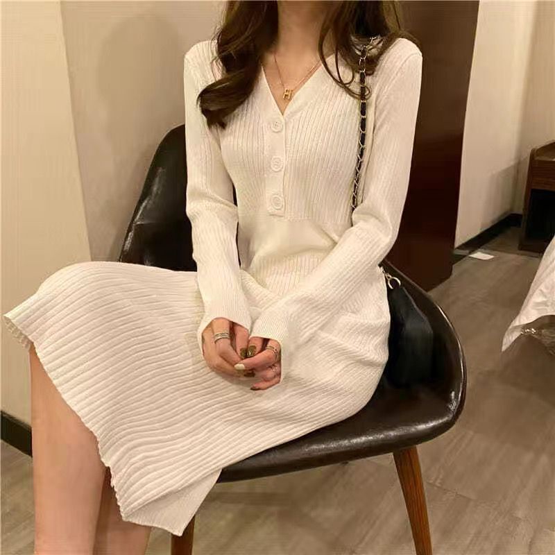 Váy Đỏ Dệt Kim Đỏ Tay Dài Cổ V Dáng Ôm Thời Trang Mùa Thu Đông Phong Cách Hàn Quốc Váy Nữ
