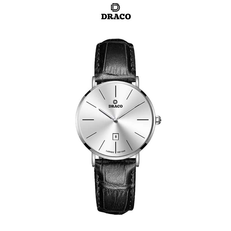 Đồng hồ nữ Draco D22-STN02 &quot;Classic Girl&quot; trắng kết hợp chất liệu dây dây da bò màu đen-phụ kiện thời trang nữ nhẹ nhàng