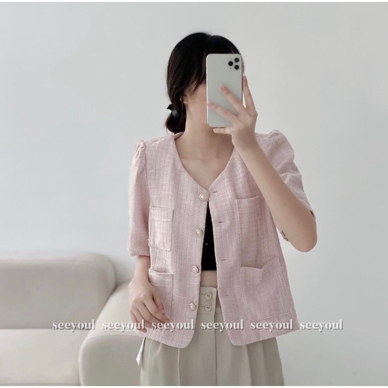 Áo dạ tweed cộc tay bồng cúc ngọc hàng chuẩn L1