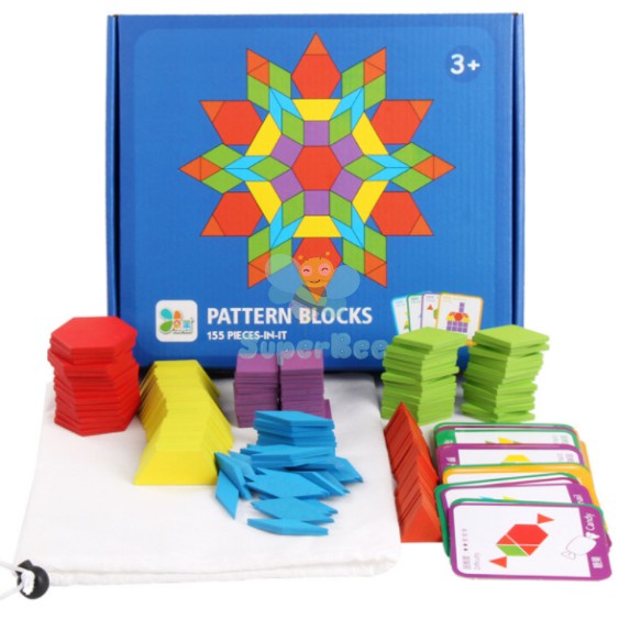 Bộ Ghép Hình Sáng Tạo Pattern Blocks 155 Chi Tiết SuperBee, Đồ Chơi Gỗ, Giáo Dục Tư Duy Cho Bé