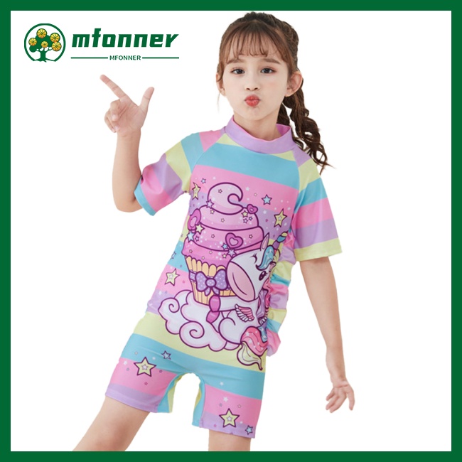 Bộ Đồ Bơi 2 Món Ngắn Tay Họa Tiết Kỳ Lân Hoạt Hình Cho Bé Gái