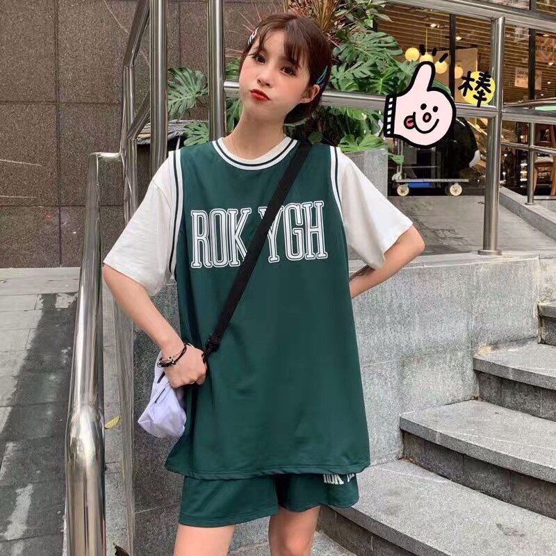 Bộ đồ thể thao nữ dáng rộng bóng rổ ROK YGH sét áo thun phối tanktop kèm quần short đùi oversize basic năng động