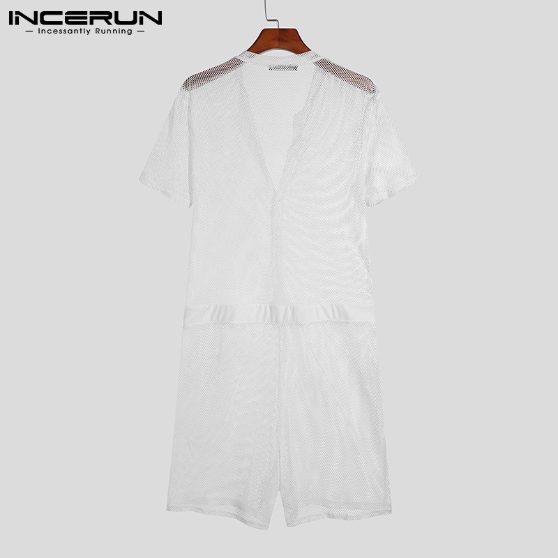 Áo liền quần INCERUN dáng ngắn tay ngắn phối lưới xuyên thấu phong cách mùa hè quyến rũ dành cho nam