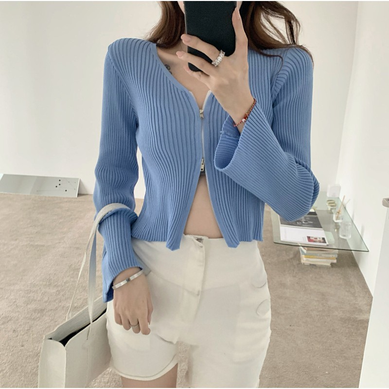 Áo Croptop dài tay dáng ôm body cổ tim chất thun gân len tăm có dây khoá kéo cao cấp phong cách Ulzzang Unisex nhiều màu