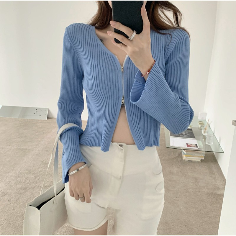 Áo Croptop tay dài dáng ôm body cổ tim chất len tăm có dây kéo phong cách Ulzzang nhiều màu