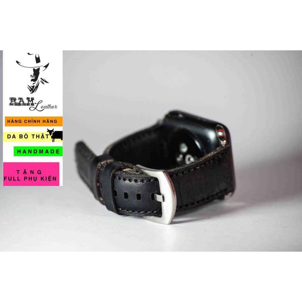 Dây Apple Watch , iWatch , iphone Watch da bò Italia Vegtan khắc Trống Đồng Việt Nam màu đen RAM Leather