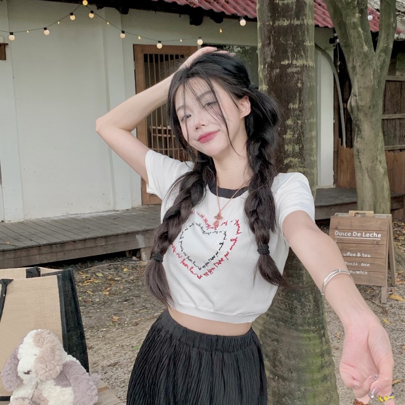 Áo thun dệt kim ZHELIHANGFEI tay ngắn hở eo thêu chữ dễ thương thời trang