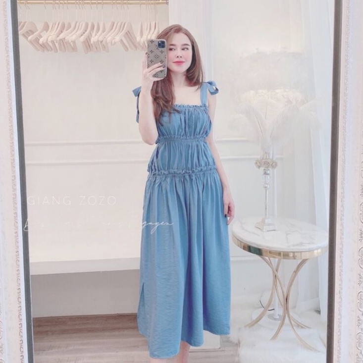 Váy maxi nơ vai bo chun xinh xắn