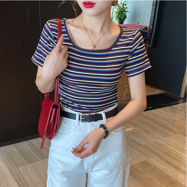 Áo Thun Cotton Cổ Vuông Ngắn Tay Họa Tiết Kẻ Sọc Thời Trang Mùa Hè Hàng Mới Dành Cho Bạn Nữ 2022