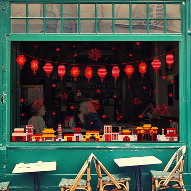 Decal dán tường decal trang trí tết Decal hoa đào,Hoa mai lồng đèn,con lân