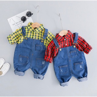 Set yếm jean sơ mi
