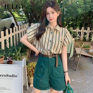IELGY Bộ Áo Sơ Mi Kẻ Sọc Phối Quần Short Có Túi Phong Cách retro Cho Nữ