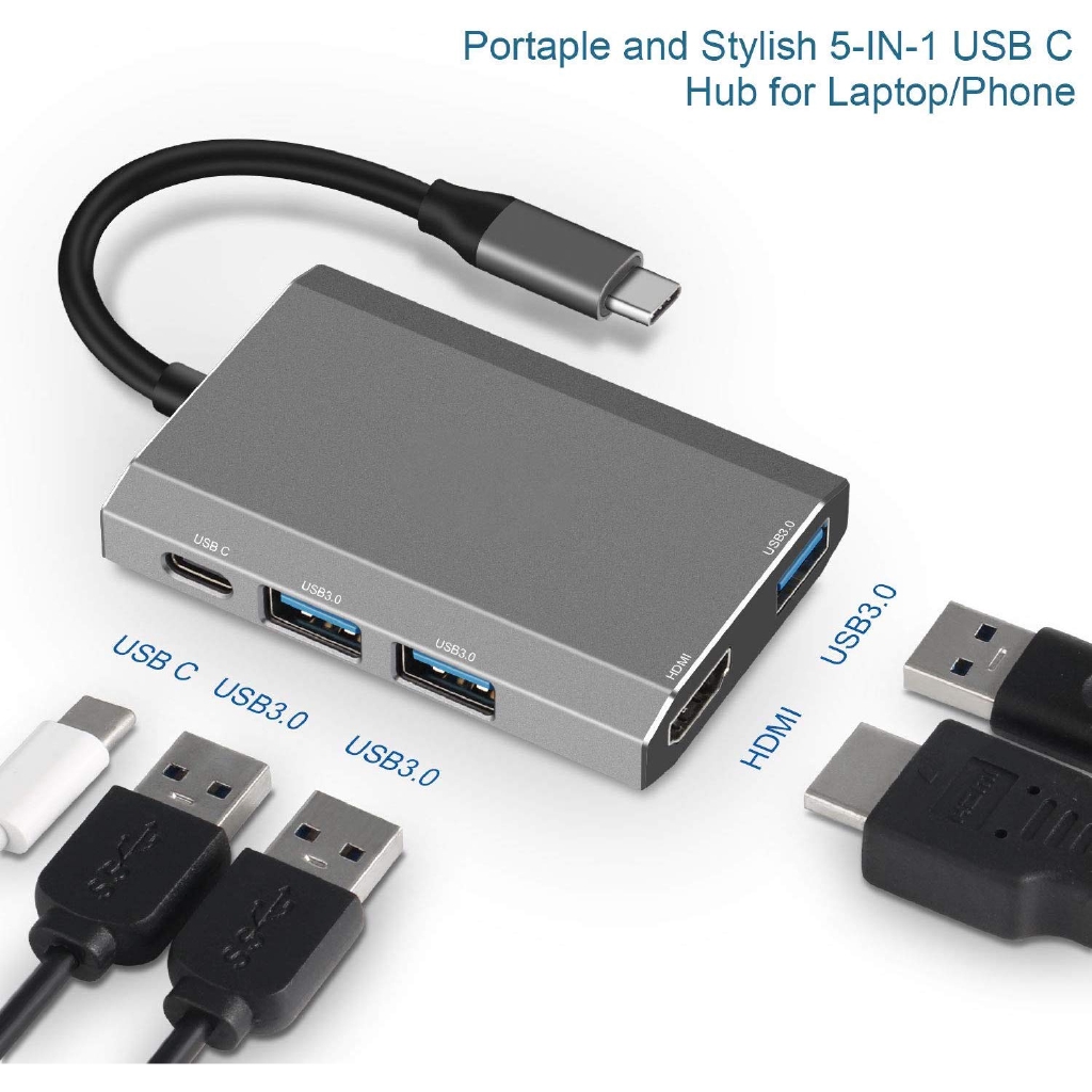 Hub 5 trong 1 chia cổng USB Type-C sang HDMI sang USB 3.0 sạc PD